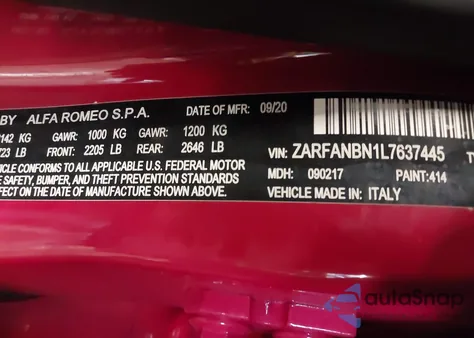 2020 Alfa Romeo Giulia Ti Sport Awd z USA, uszkodzony, nr VIN ZARFANBN1L7637445